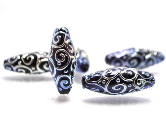 black and silver artisan lampwork beads set  oval beads jewelry making rhombus curls bead chic sparkly beads large beads christmas bead