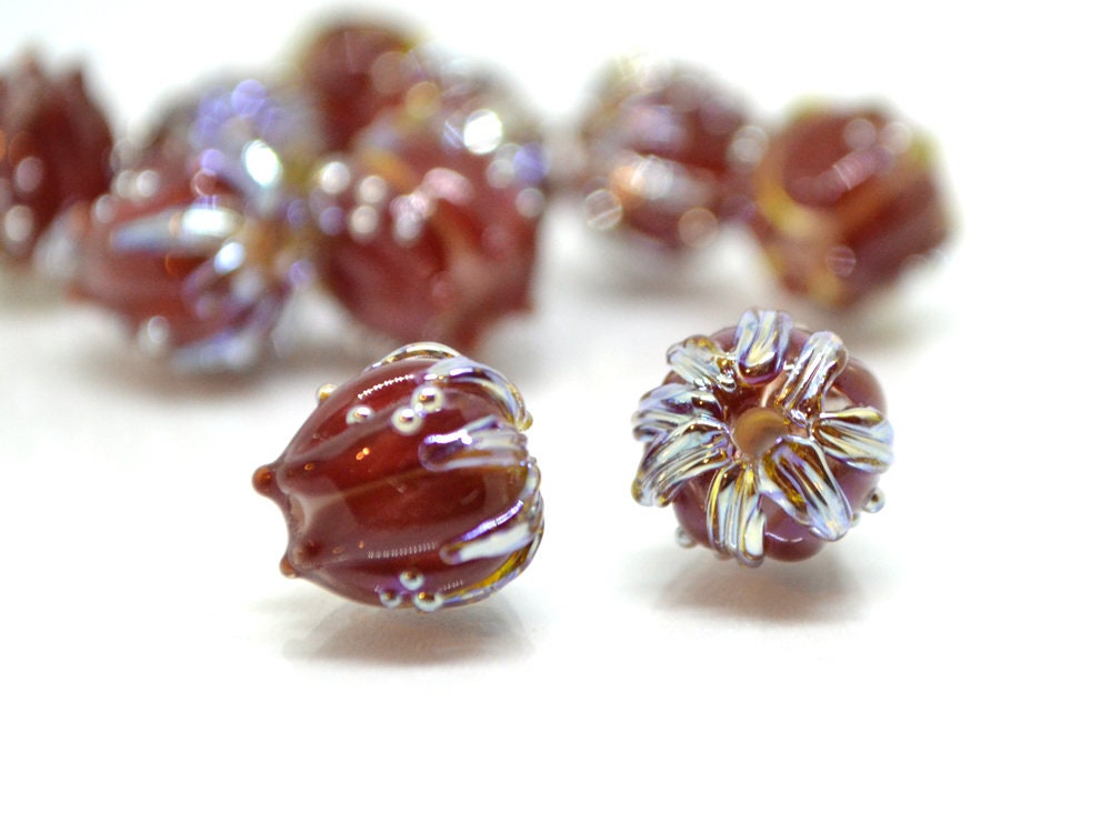 Flower lampwork bead, 10mm Dark red flower bud with silver, Artisan lampwork bead sets, Floral lampwork Bordeaux Garnet Glass beads Handmade