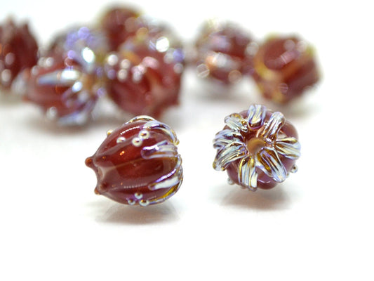 Flower lampwork bead, 10mm Dark red flower bud with silver, Artisan lampwork bead sets, Floral lampwork Bordeaux Garnet Glass beads Handmade