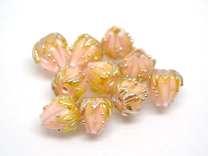Pink gold floral beads, Peach bud flower beads, Tiny glass beads, Pastel pink 7mm flower beads, Artisan lampwork