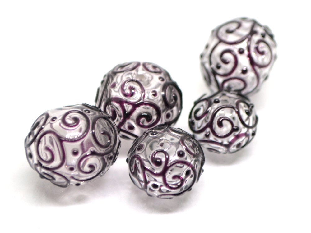 Clear hollow glass beads with black curls, Textured lampwork beads, Transparent clear beads, Artisan Lampwork
