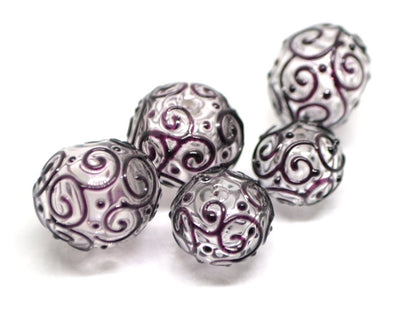 Clear hollow glass beads with black curls, Textured lampwork beads, Transparent clear beads, Artisan Lampwork
