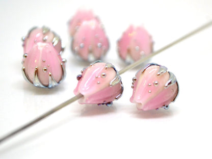 Tender Pale pink glass flower beads gold leaves, Artisan lampwork, 10mm flower bead, Pastel pink beads