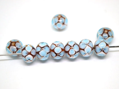 Blue 3d flowers on topaz beads, Rondelle beads, Blue flower Glass beads, Murano glass beads, Artisan lampwork