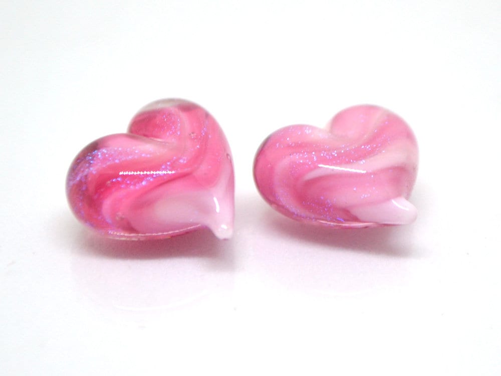 Pink heart beads, Pink glass bead, Heart jewelry making, Sparkle Lampwork heart, Heart shape, Glass Heart charm, Half-drilled beads
