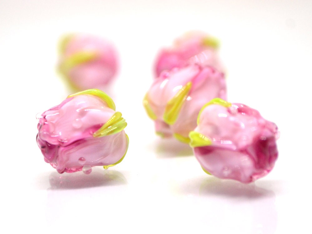 Bright Pink rosebud beads, Ombre glass beads, Gradient floral lampwork, Pink glass beads, Handmade glass beads, Lampwork one bead