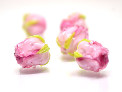 Bright Pink rosebud beads, Ombre glass beads, Gradient floral lampwork, Pink glass beads, Handmade glass beads, Lampwork one bead