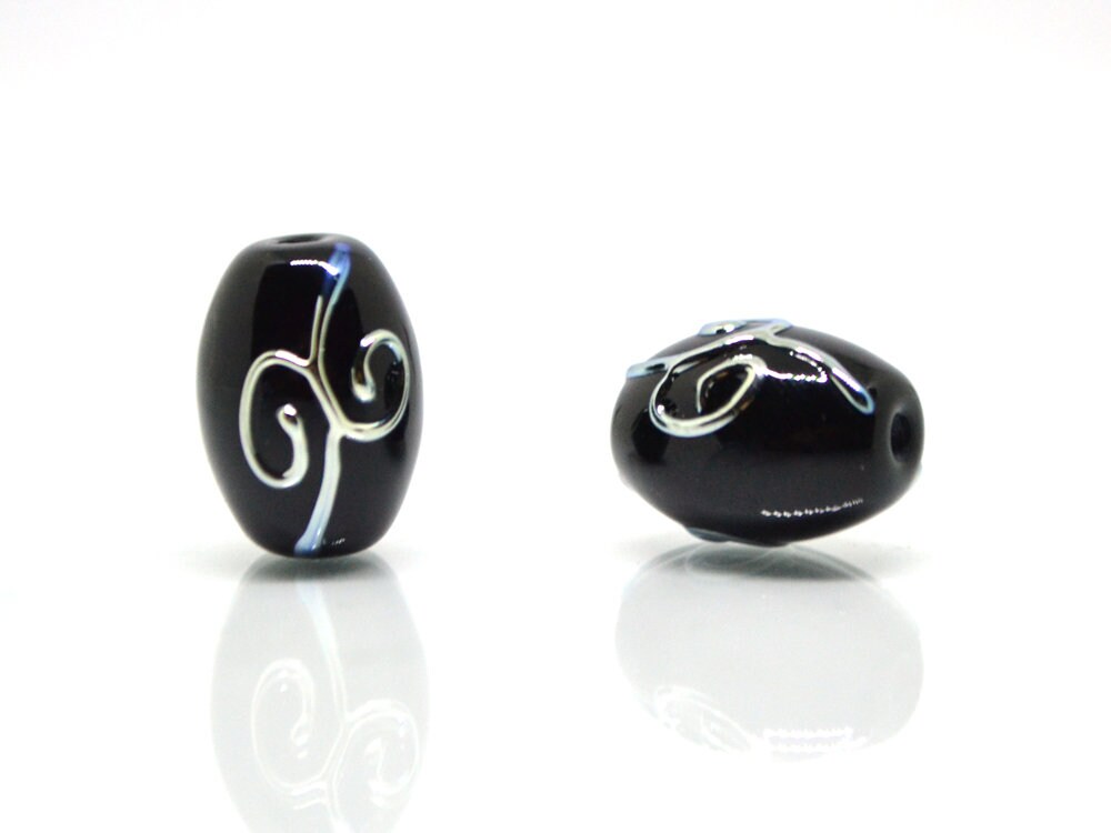 Black oval glass beads silver mirror curles, Barrel rice lampwork beads for you, Crafts beads, Jewelry supply, Artisan lampwork Glossy black
