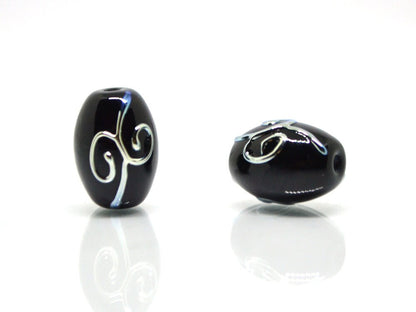 Black oval glass beads silver mirror curles, Barrel rice lampwork beads for you, Crafts beads, Jewelry supply, Artisan lampwork Glossy black