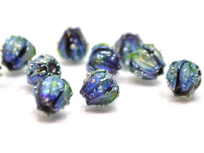Blue green flower glass beads, Artisan lampwork floral beads, 10mm flower beads, garden beads, floral theme bead Handmade Lampwork bead set