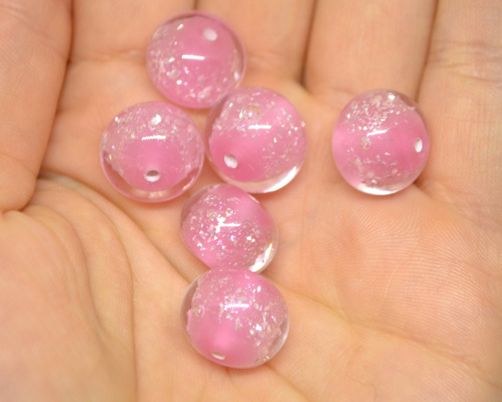 Pink lampwork foil beads, Handmade glass, Artisan lampwork, Shimmering Sparkling Round Silver Wedding jewelry making bead bride set bracelet