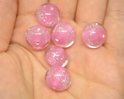 Pink lampwork foil beads, Handmade glass, Artisan lampwork, Shimmering Sparkling Round Silver Wedding jewelry making bead bride set bracelet