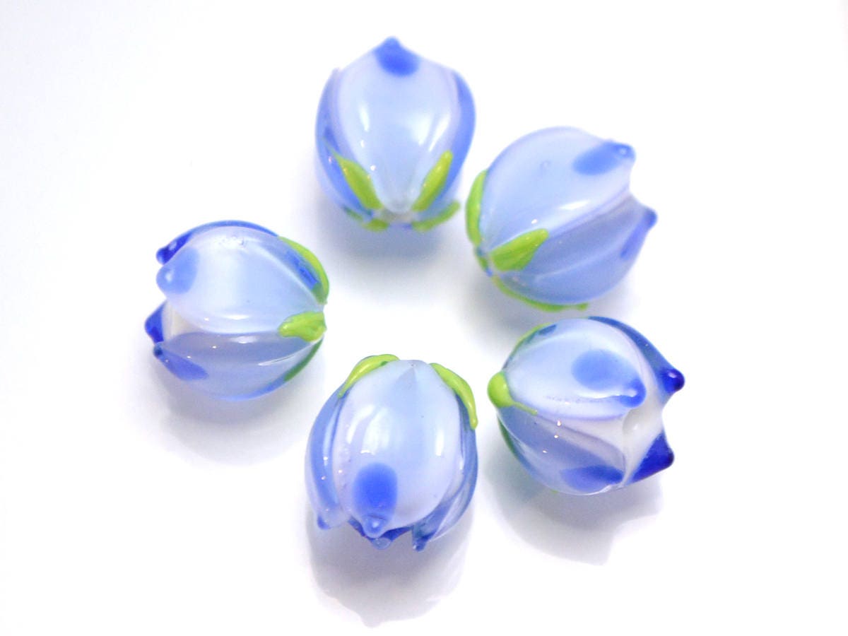 blue flower lampwork bead Tender floral glass bud Spring spot bead jewelry making Artisan lampwork Blue white set Small light blue spacer