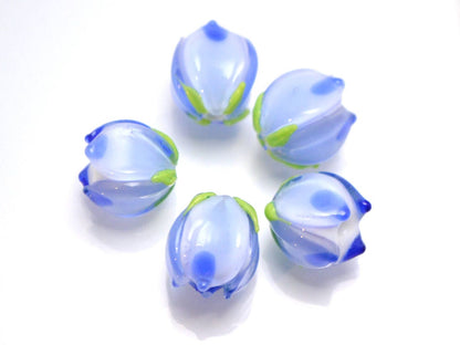 blue flower lampwork bead Tender floral glass bud Spring spot bead jewelry making Artisan lampwork Blue white set Small light blue spacer