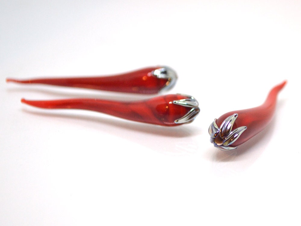 Red chili peppers, Lampwork chili beads, Red silver beads, Half-drilled beads, Vegetable beads, Farm beads