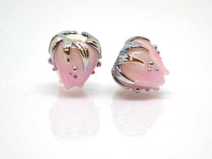 Tender Pale pink glass flower beads gold leaves, Artisan lampwork, 10mm flower bead, Pastel pink beads