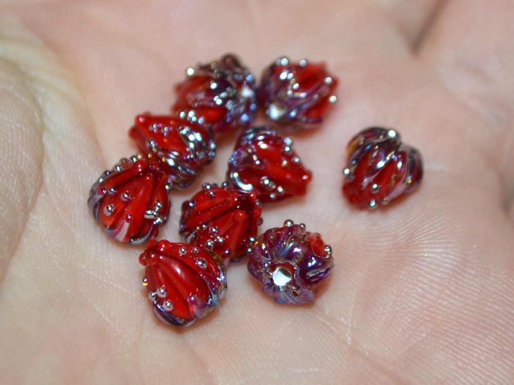 Deep red 7mm floral lampwork beads, Red and Silver flower beads, Small glass beads, Half drilled beads, Tiny glass beads, Bordeaux beads