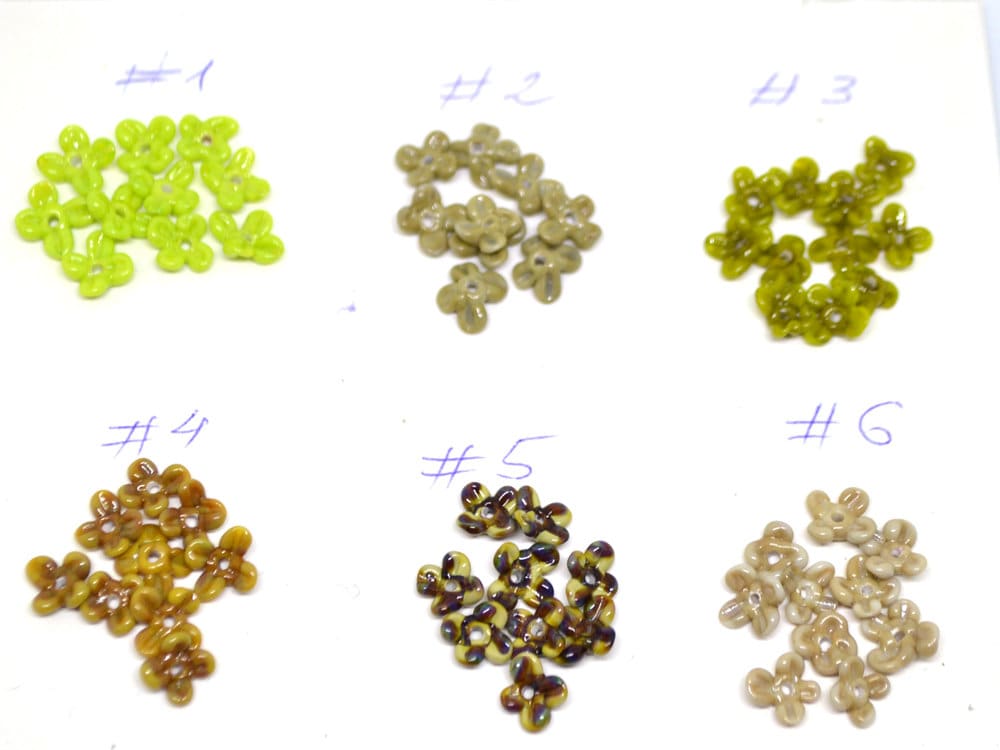 Tiny olive green flower beads, Very small flowers, Opaque glass flower, Green small flower beads, 5mm flowers, Artisan lampwork