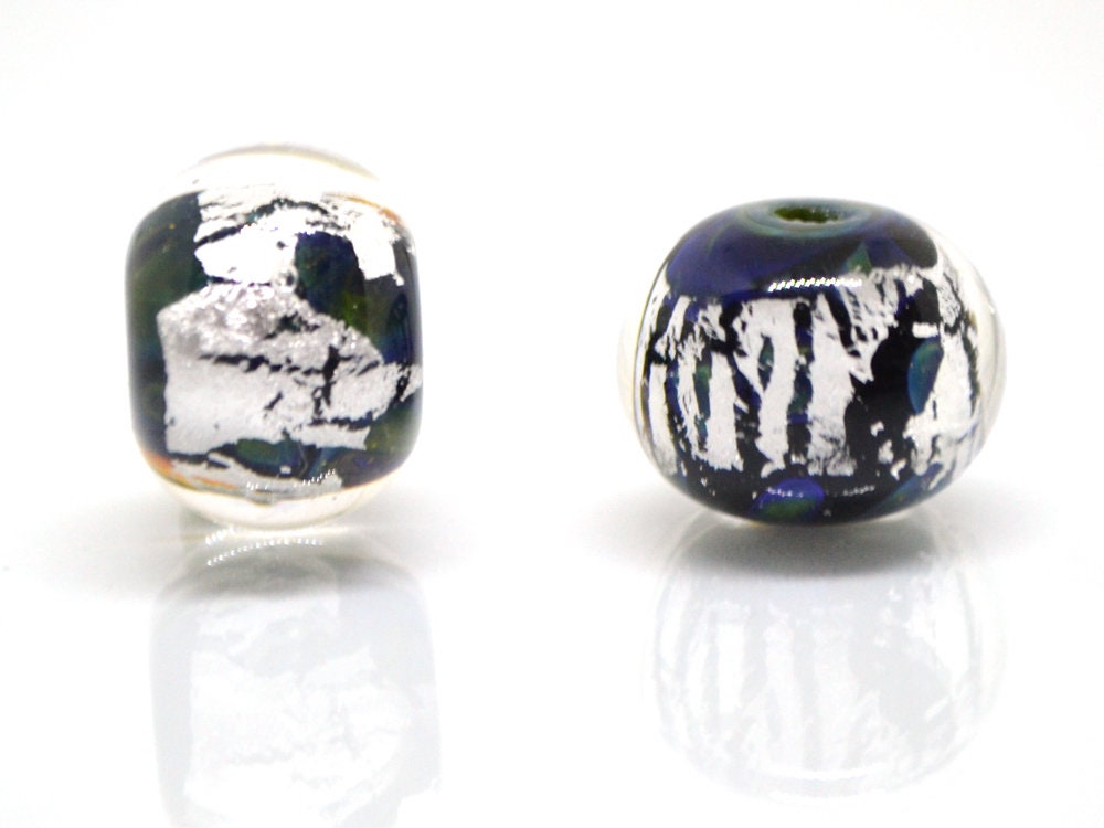 Black silver foil lampwork beads, Handmade glass beads, Artisan Lampwork, Art beads, rondelle beads