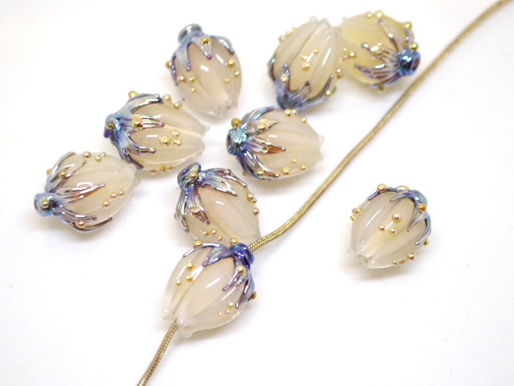 White opaque flower beads, White purple gold lampwork beads, Floral lampwork, White milk beads