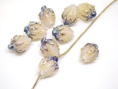 White opaque flower beads, White purple gold lampwork beads, Floral lampwork, White milk beads