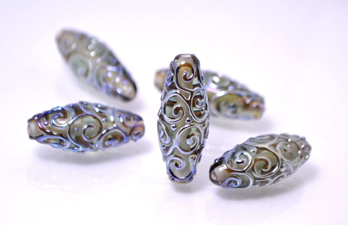 gray lampwork glass handmade bead rhombus oval bead swirl jewelry making transparent bead artisan mirror set silver texture pendant sra