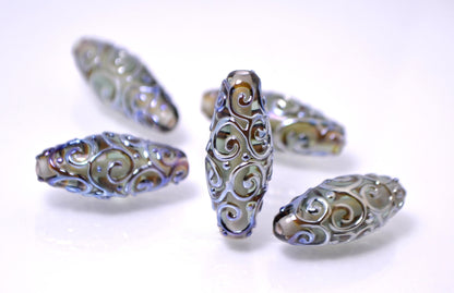 gray lampwork glass handmade bead rhombus oval bead swirl jewelry making transparent bead artisan mirror set silver texture pendant sra