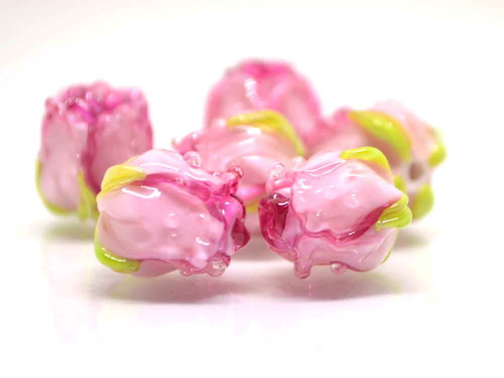 Bright Pink rosebud beads, Ombre glass beads, Gradient floral lampwork, Pink glass beads, Handmade glass beads, Lampwork one bead