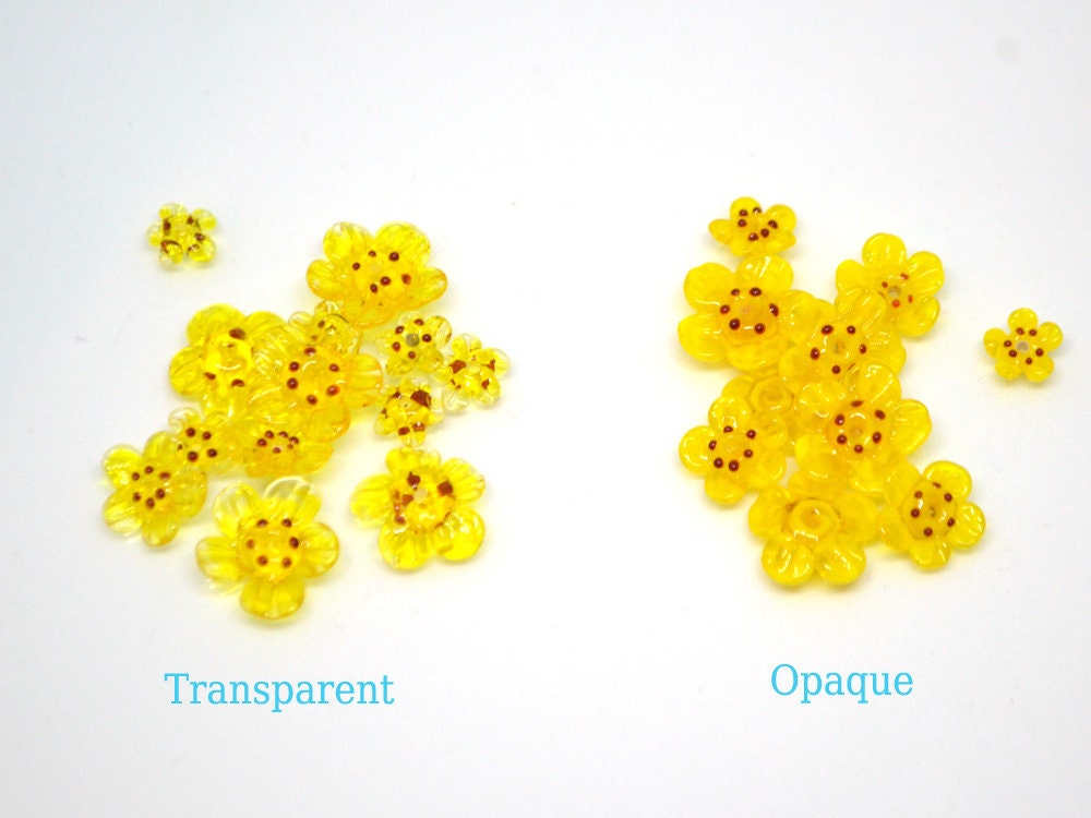 Sunny yellow flower glass beads|Set of 12pcs|Transparent|Opaque|Artisan Lampwork|Bright yellow|Bead set|Sunshine yellow|Floral lampwork bead