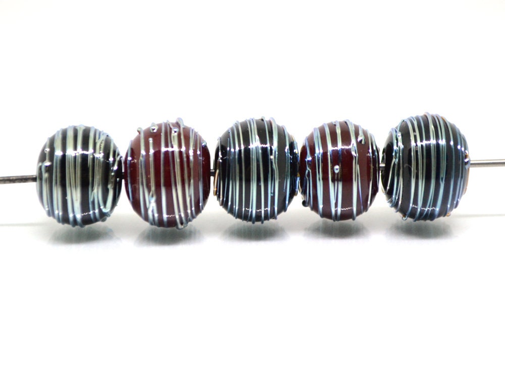 Black Red lampwork Handmade Beads, Stripes beads, Silver Stains beads, silver patterns, electric beads