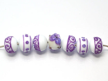 Lampwork purple white glass Handmade beads Artisan lampwork Rondelle bead Lampwork beads set Bracelet jewelry making set flower lampwork