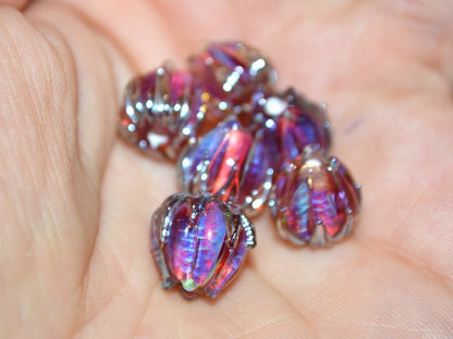 Ruby rose silver flower beads, Lampwork flower, 10mm flower beads, Glass flower, Floral lampwork, Artisan lampwork, netting silver pink