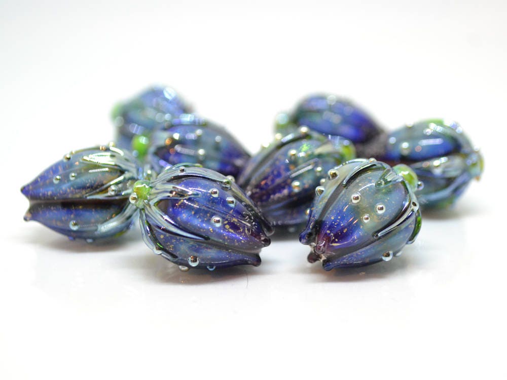 glitter blue glass beads dark blue purple sparkle bead bling beads stardust beads flower lampwork bead floral pendant sparkly dichroic glass