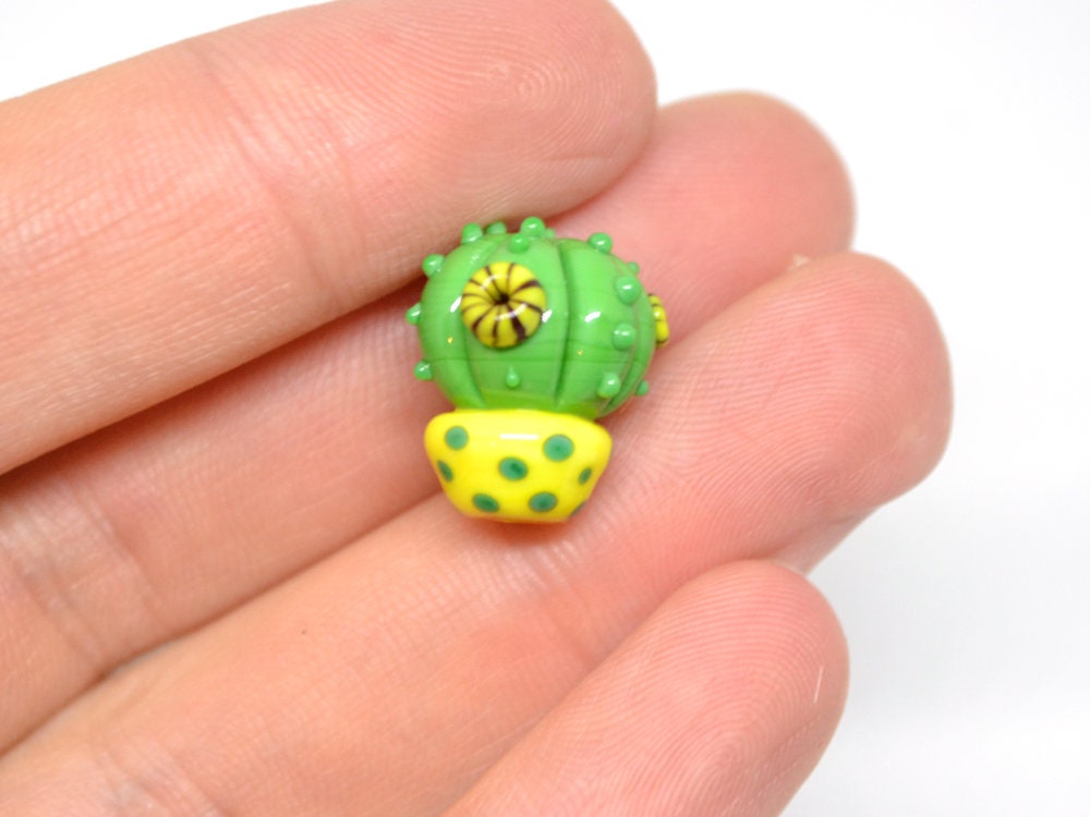 Lampwork cactus beads with yellow pot, Wilderness plants, Cactus yellow flower pendant, Succulent beads, Artisan lampwork