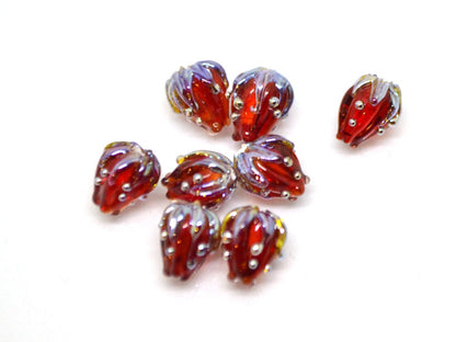 Red wine and silver floral lampwork beads, 7mm glass beads, Half drilled beads, Very small beads, Tiny beads