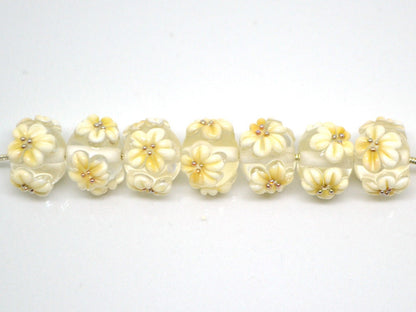 Ivory floral lampwork glass beads, Ivory flowers on transparent beads, Rondelle beads, Wedding bracelet, Jewelry making, Artisan lampwork