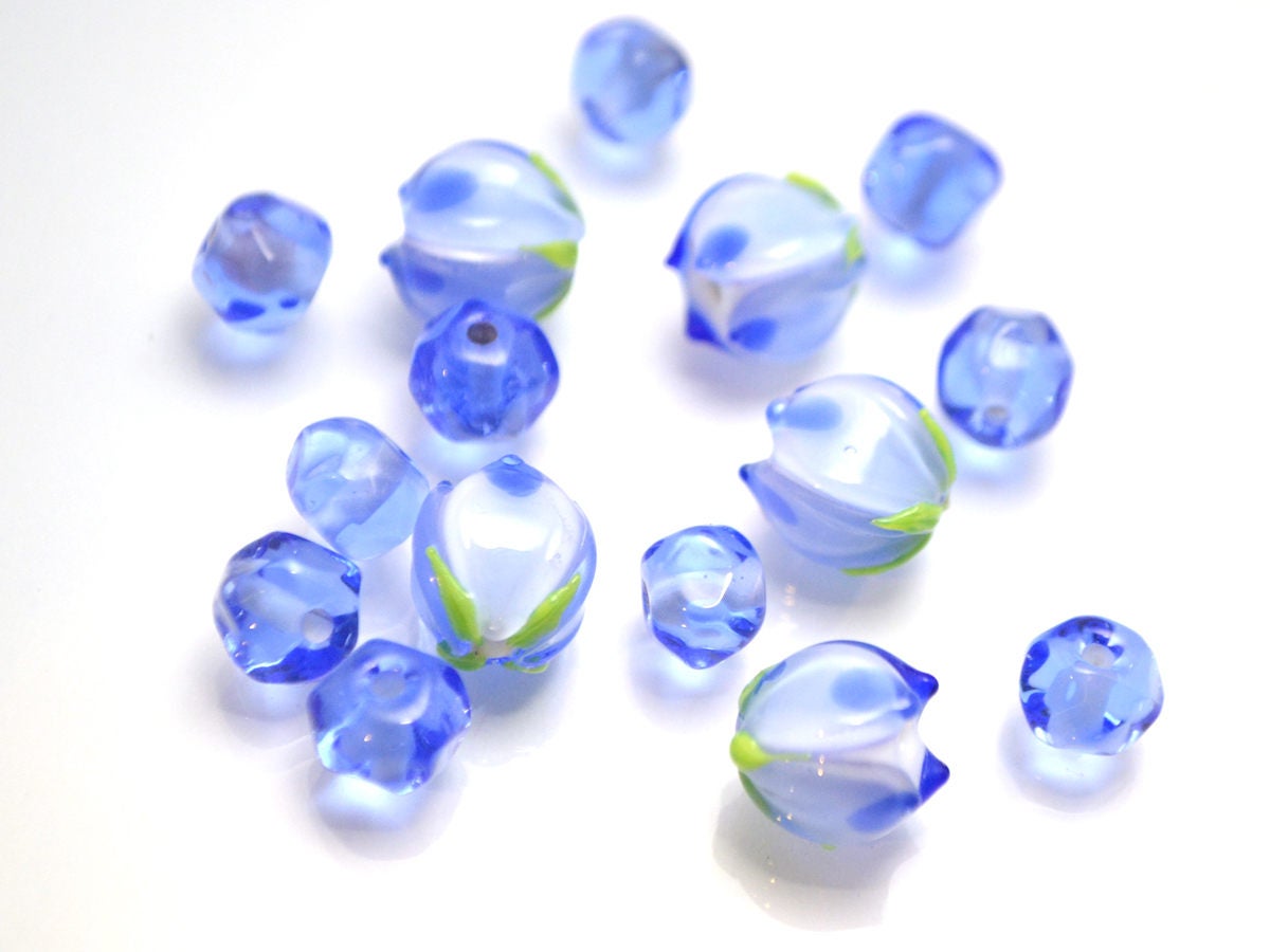 blue flower lampwork bead Tender floral glass bud Spring spot bead jewelry making Artisan lampwork Blue white set Small light blue spacer