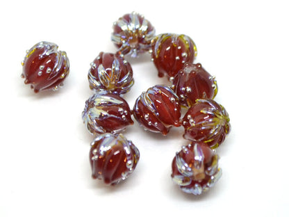 Flower lampwork bead, 10mm Dark red flower bud with silver, Artisan lampwork bead sets, Floral lampwork Bordeaux Garnet Glass beads Handmade