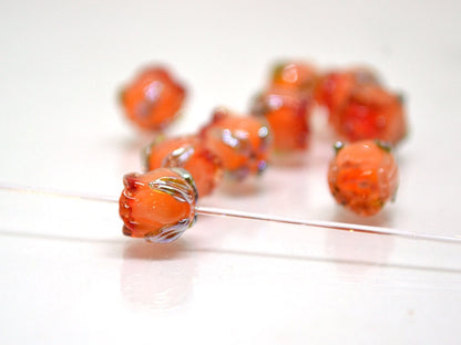 Small 7mm Orange rosebud beads, Rose glass beads, Floral lampwork, Orange glass beads, Handmade Lampwork