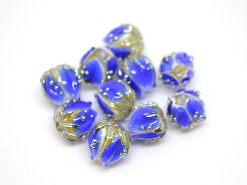 Dark blue bead with gold drops, 10mm Handmade Lampwork flower bead, Floral Lampwork, Cobalt blue beads, Jewelry supplies, Beads for crafts