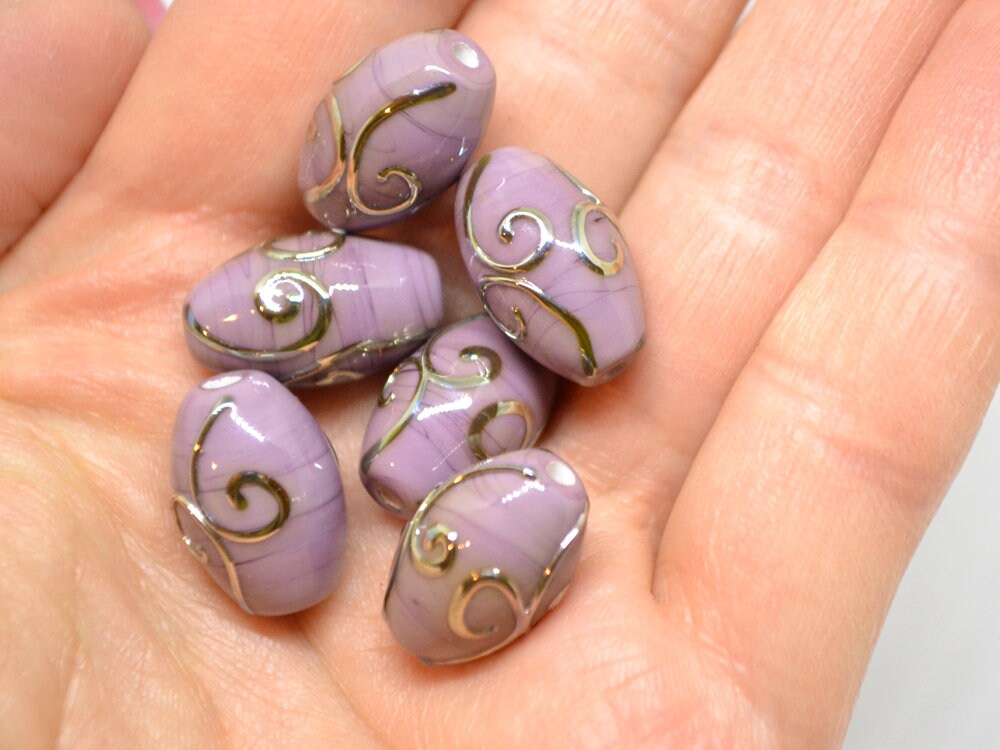 Purple glass lampwork oval beads with silver swirl texture lavender earrings beads, rhombus beads, oval glass beads, handmade glass beads