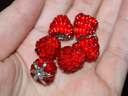 Red silver lampwork raspberry, Red glass berries, Gloss Lampwork beads, Berry glass beads, Lampwork Raspberries, Summer jewelry
