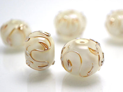 white pearl artisan lampwork bead handmade glass beads for wedding jewelry making set gold sprig twig leaf on white romantic tender earrings