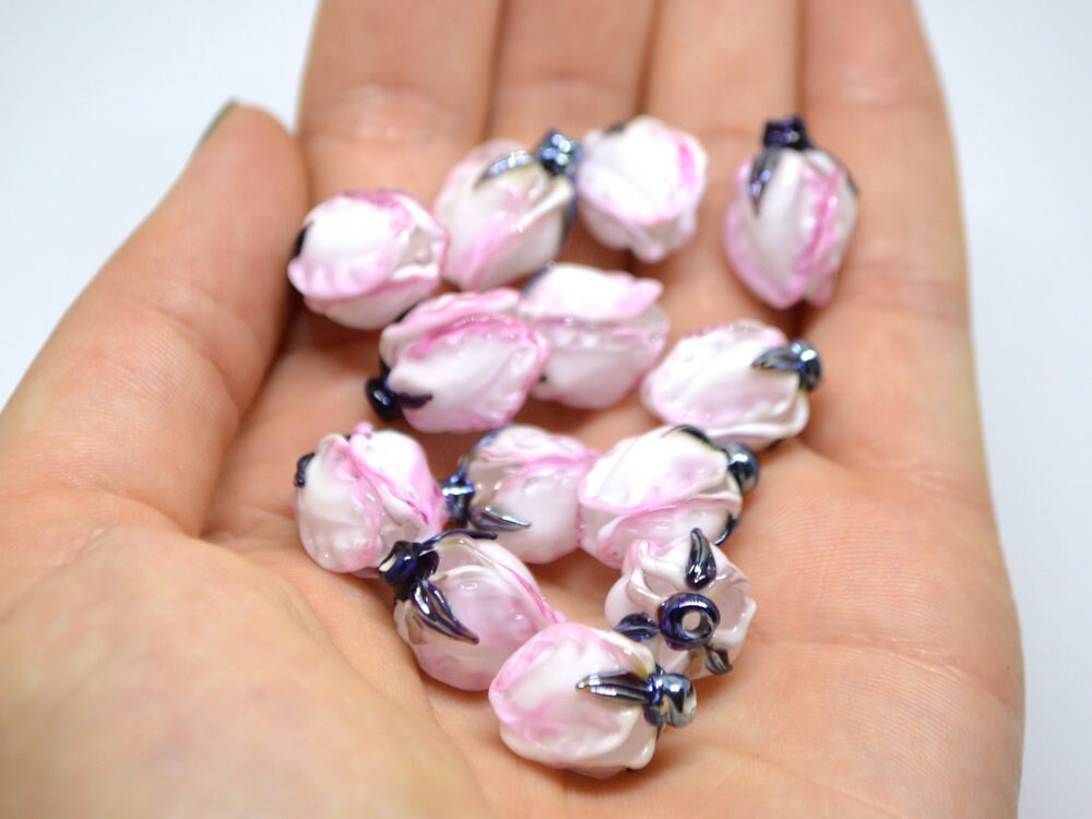 Tender pink flower beads, Lampwork floral beads, Glass flower beads, Pink silver floral beads, Artisan lampwork, Flower earrings DIY
