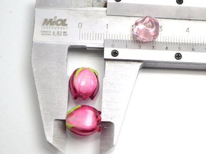 pink flower lampwork bead tender floral glass bud artisan handmade wedding jewelry making bracelet necklace pendant earrings bead set Leaf