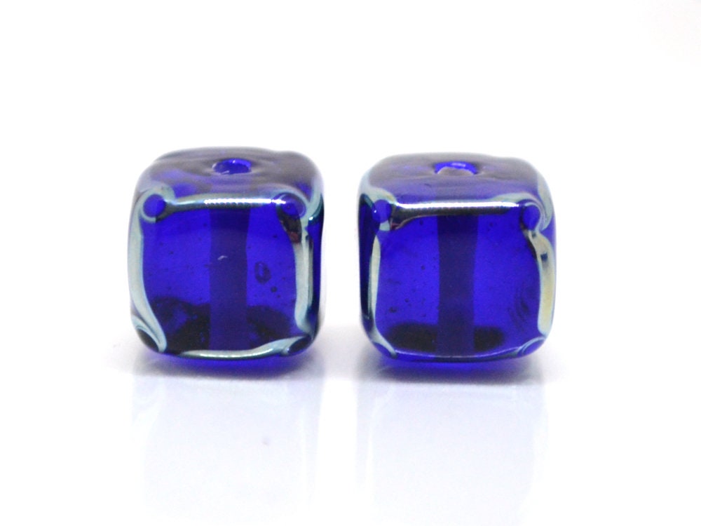 cobalt blue square beads blue cube beads blue spacer beads blue lampwork beads artisan lampwork 10mm cube beads glass blue beads spacer