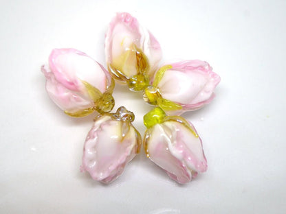 White pink flower lampwork bud beads, Handmade lampwork, Floral lampwork, Made to Order