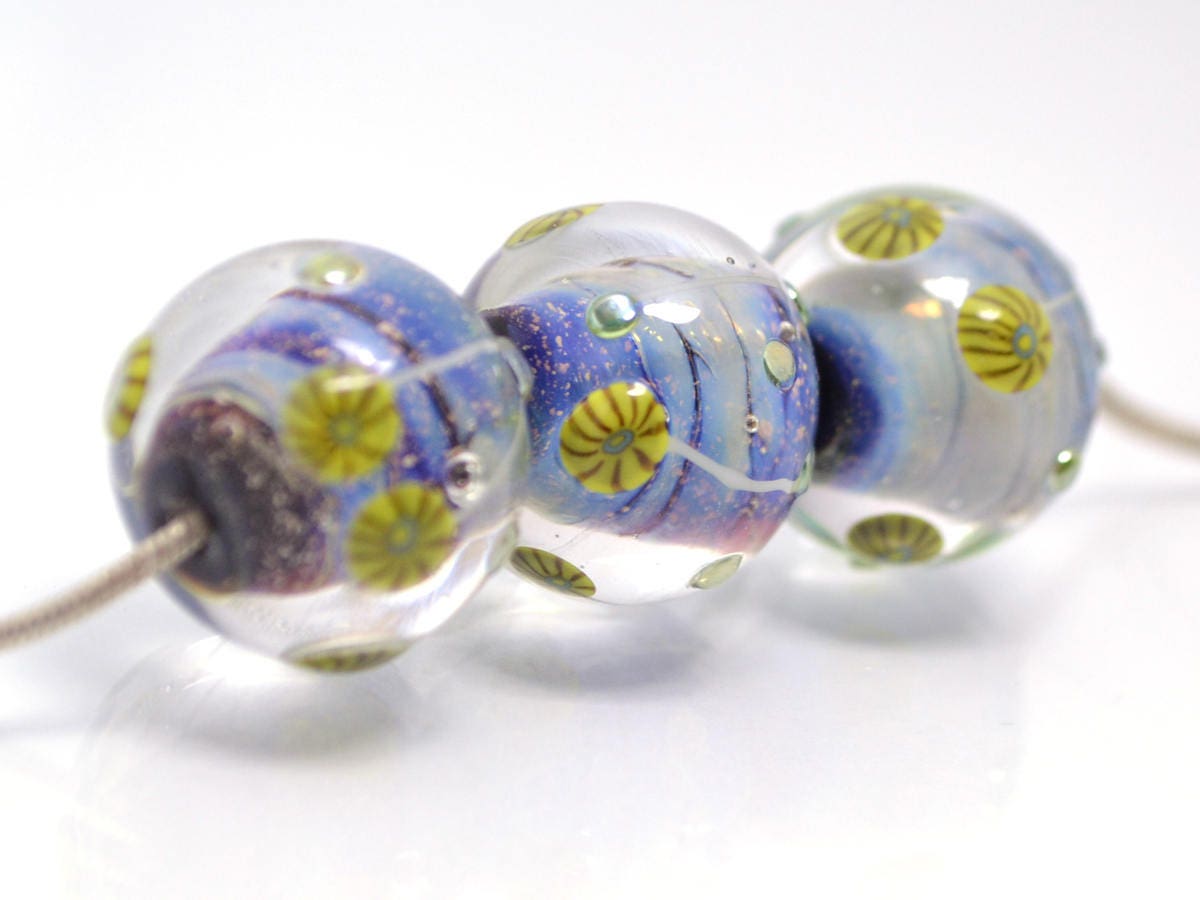 Nautical Lampwork bead handmade blue green yellow dust millefiori focal artisan lampwork aquarium set of beads for Jewelry making pendant