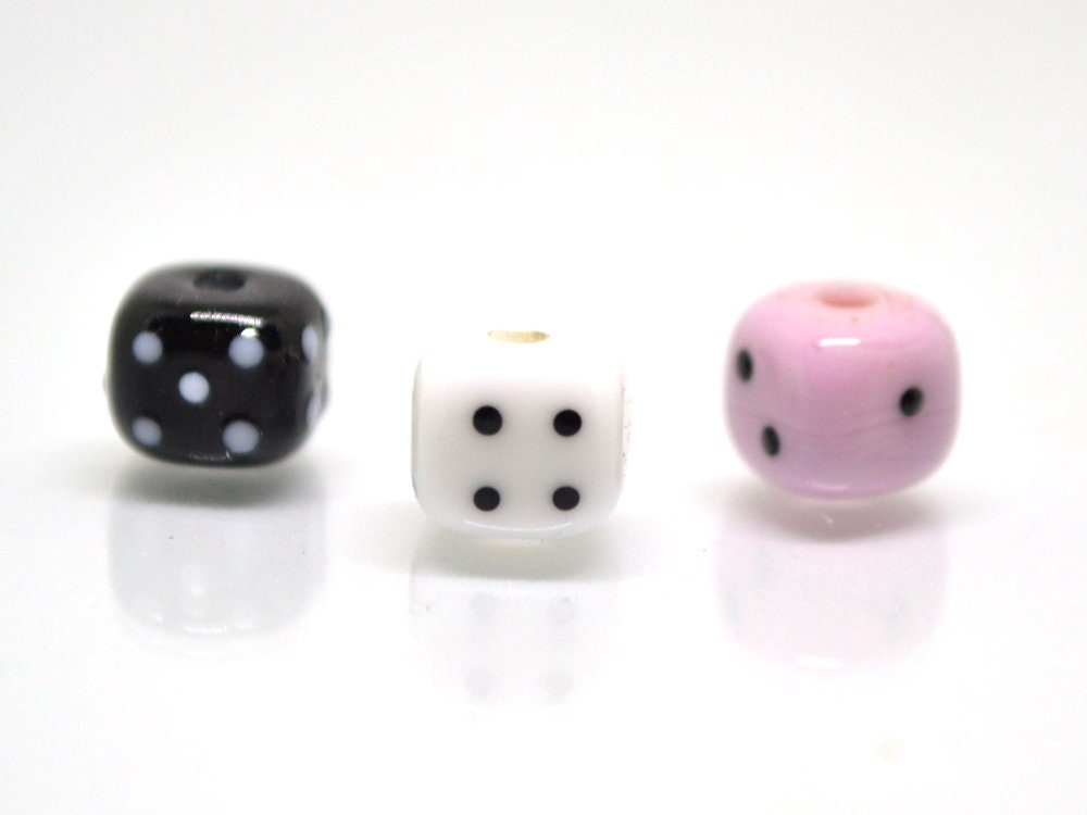 Glass dice beads, Handmade lampwork beads, 8mm glass cube beads, Funky dice glass beads, white glass dice, black dice, pink dice,opaque dice