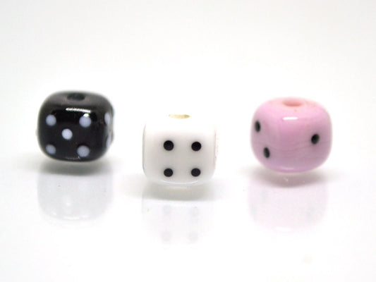 Glass dice beads, Handmade lampwork beads, 8mm glass cube beads, Funky dice glass beads, white glass dice, black dice, pink dice,opaque dice